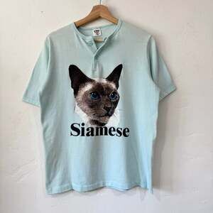 Vintage 80s Siamese Cat Henley Nature Shirt, Light Blue, Single Stitch - Size M